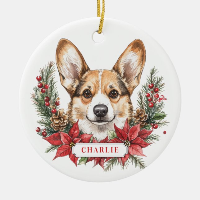 Enfeite de Natal de Círculo de Cerâmica do Corgi (Frente)