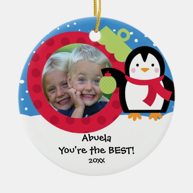 Enfeite de Natal de Foto do Pinguim da Vovó (Frente)