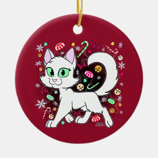 Enfeite de Natal de Gato de Cerâmica (Vermelho) (Frente)