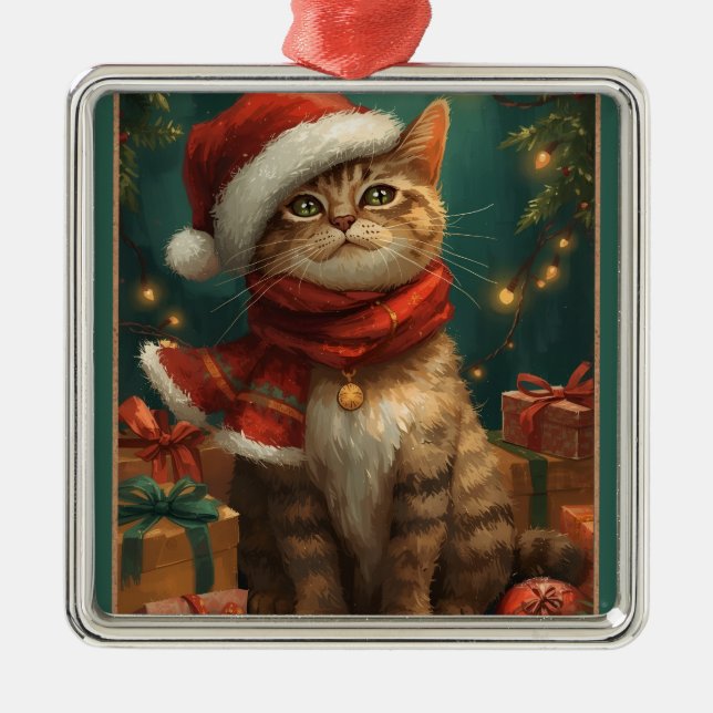 Enfeite de Natal de Gato em Metal Quadrado (Frente)