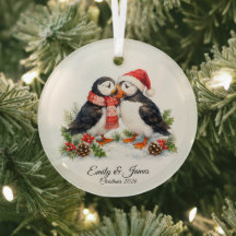 Enfeite de Natal de Puffins de Inverno em Aquarela