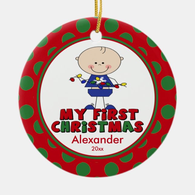 Enfeite de Natal do Primeiro Natal do Bebê Menino  (Frente)