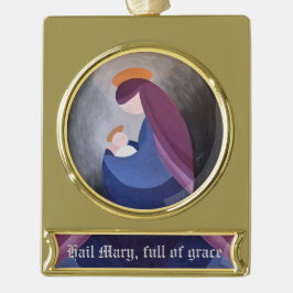 Enfeite De Natal Dourado Com Faixa Madonna e Criança - Ornamento de Banner de Hail Ma