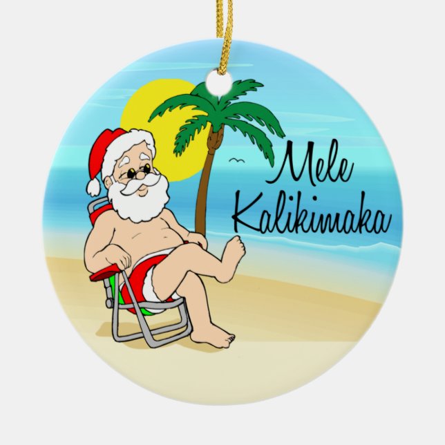 Enfeite de Natal Havaiano Papai Noel Palmeira (Frente)