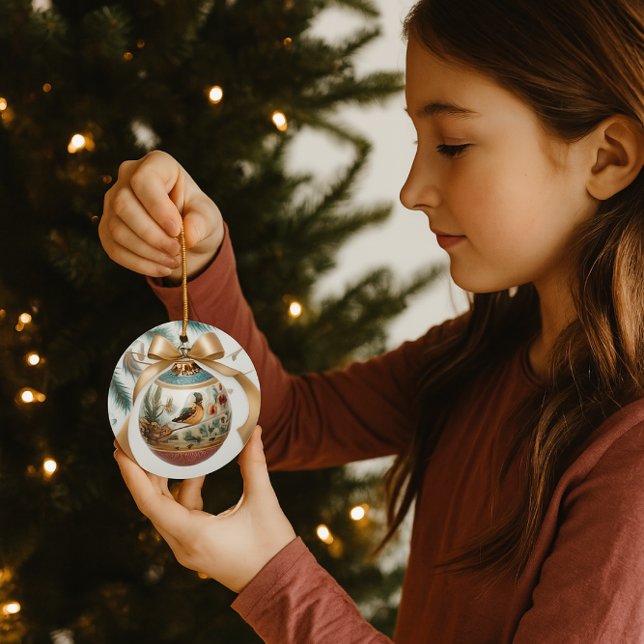 Enfeite de Natal para Amantes de Pássaros (Trimming the tree with festive bird ornament with a gold bow)