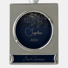 Enfeite De Natal Prateado Com Faixa Marinho Elegante Azul Personalizado Primeiro Natal