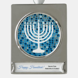 Enfeite De Natal Prateado Com Faixa Ornamento Mosaico Azul Feliz Hanukkah Menorah