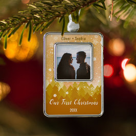 Enfeite De Natal Prateado Com Foto Nosso Primeiro Tema Dourado de inverno de Neve