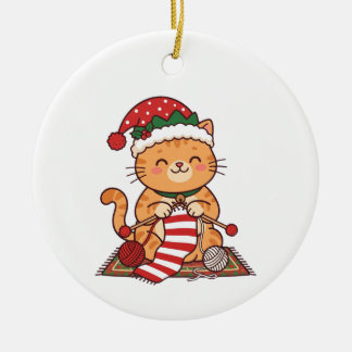 Enfeite de Natal Presente de Gato Tecendo Cachecol