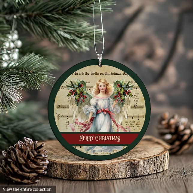 Enfeite de Natal Retro Verde Anjo Design Vermelho (Retro Christmas Ornament Green Red Angel Design)