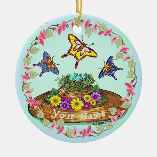 Enfeite de ninho de pássaro com chapéu de flor (Frente)