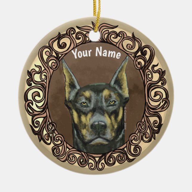 Enfeite de nome personalizado Doberman Ornate (Frente)
