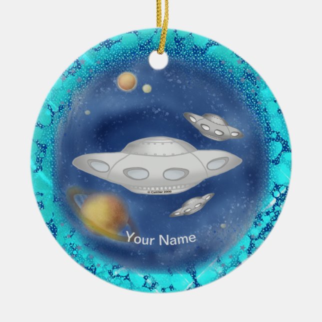Enfeite de nome personalizado Nave Espacial Cinza  (Frente)