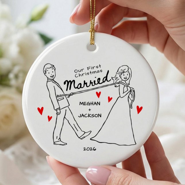 Enfeite de Primeiro Natal Casado Desenhado à Mão (Criador carregado)