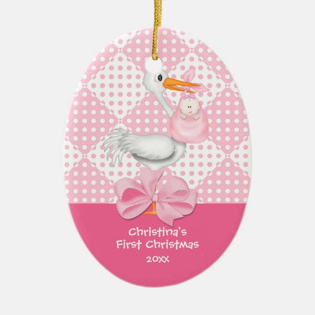 Enfeite de Primeiro Natal da Menina Cegonha Bebê (Frente)