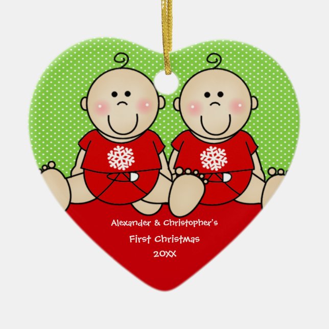 Enfeite de Primeiro Natal de Gêmeos Meninos Lindos (Frente)