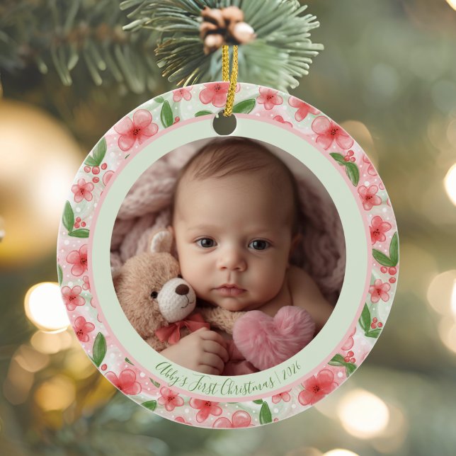 Enfeite de Primeiro Natal do Bebê Floral – Adicion (Baby's First Christmas Photo Ornament Keepsake)