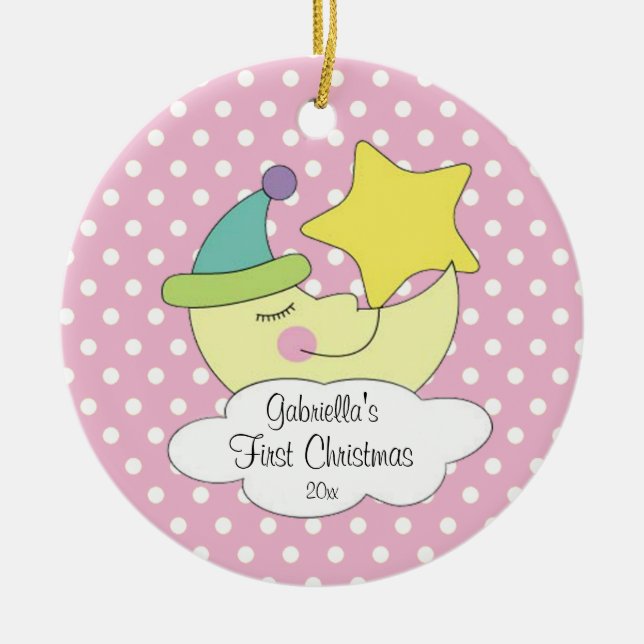 Enfeite de Primeiro Natal do Bebê Rosa Lua (Frente)
