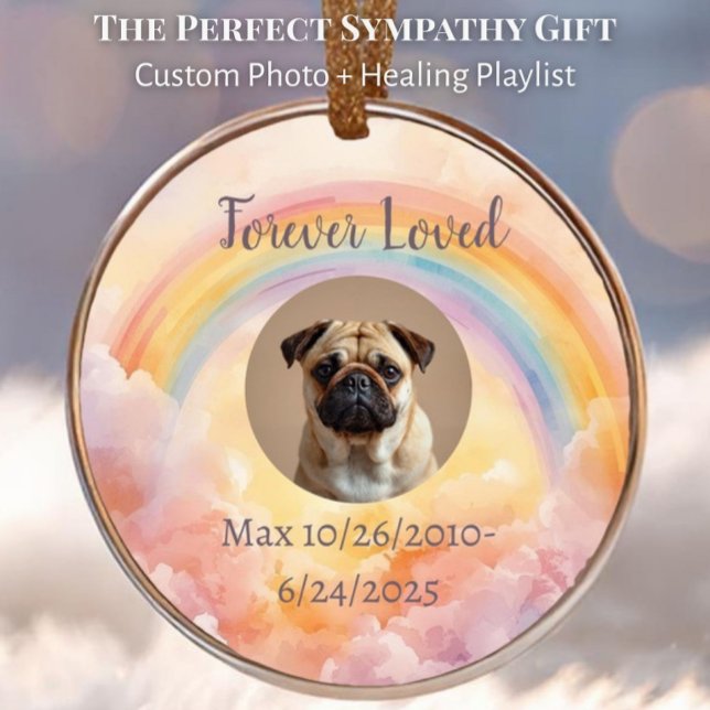 Enfeite Memorial Personalizado Ponte do Arco-Íris  (Custom pet photo memorial ornament with rainbow bridge & scannable Spotify grief playlist QR code.)