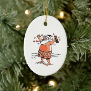 Enfeite oval de cerâmica do Papai Noel bêbado