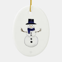 Enfeite Oval de Cerâmica Homem de Neve e Floco de