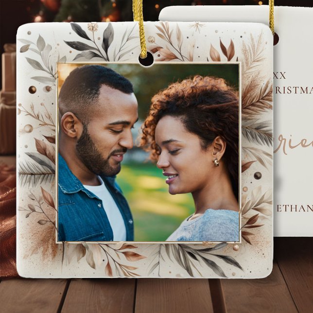 Enfeites de natal Castanho Primeiro Ano Casal Casa (brown christmas decor first married mr mrs personalized ornament floral frame beige copper mocha)