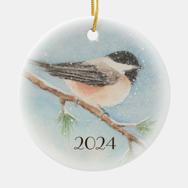 Enfeites de natal com Data de Chickadee (Frente)
