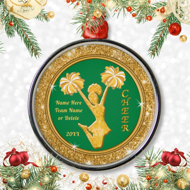 Enfeites de natal de Cheerleaderes personalizados (Personalized Cheer Ornaments. Cheap gifts for Cheerleaders. Green and Gold, Cheer Ornaments. Custom.)
