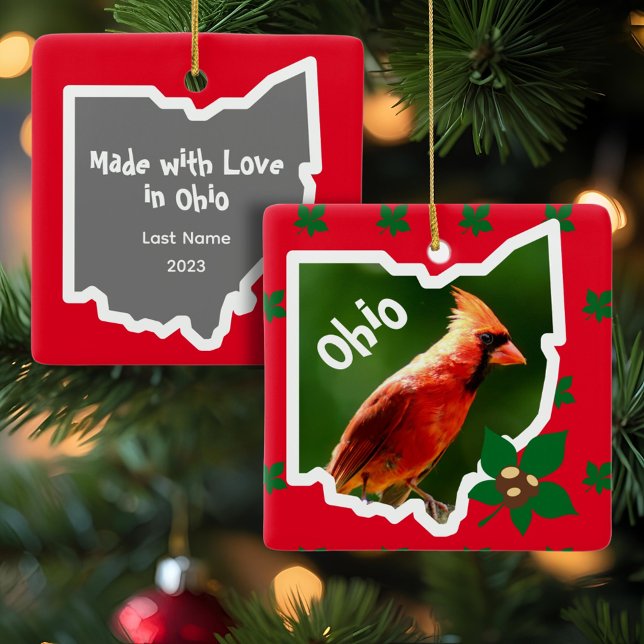 Enfeites de natal de Ohio com Cardinal e Buckeyes (A Buckeye Ohio Christmas ornament with the state's bird and tree also allows you to customize.)