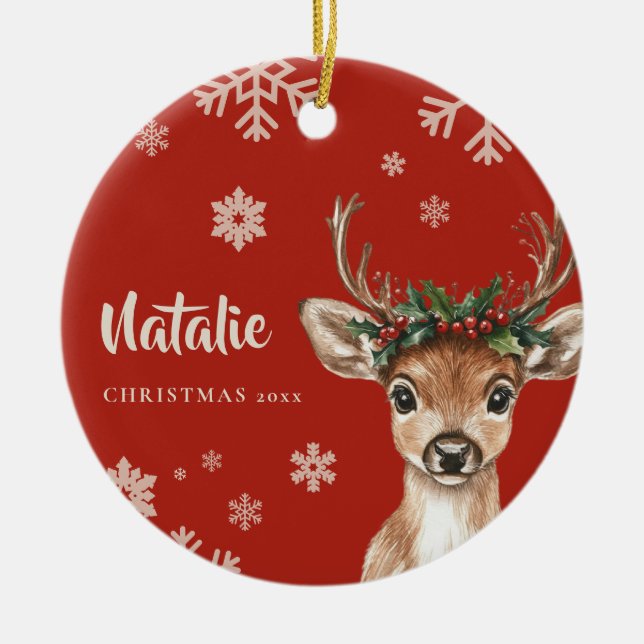 Enfeites de natal de Reindeer Personalizado Floco  (Frente)