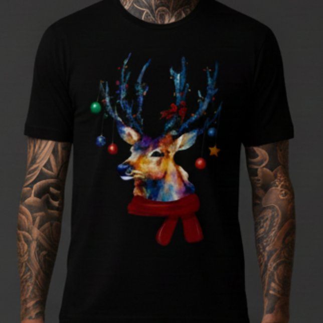 Enfeites de Natal de Rena em Aquarela Férias (Artistic watercolor reindeer with ornaments! Whimsical & colorful Christmas holiday style! )