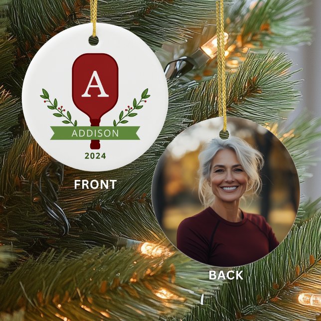 Enfeites de natal de seleção de fotos personalizad (Front + Back on a Ceramic Circle Ornament)