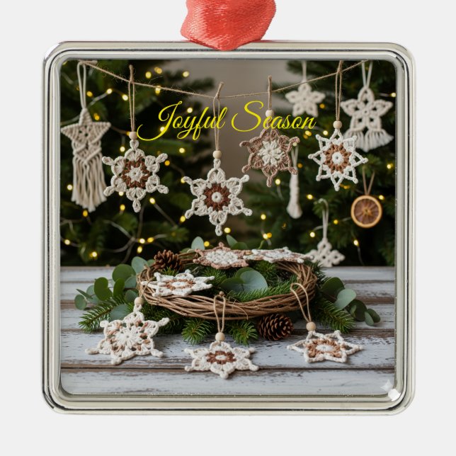 Enfeites de natal Metálico Boho Crochet Snowflake (Frente)