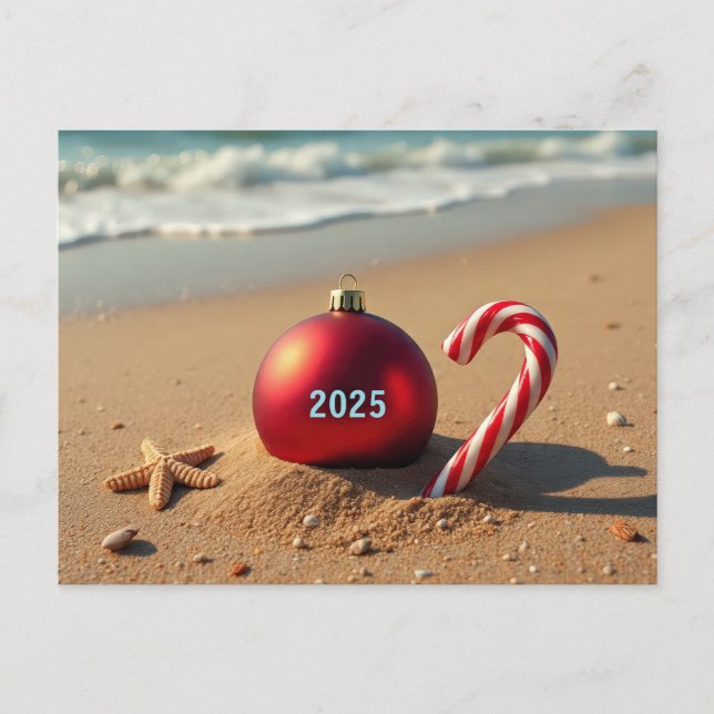 Enfeites de natal no cartão de férias de praia (Frente)