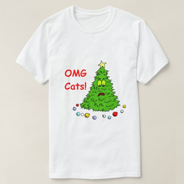 Engraçada Árvore de Natal Camisa OMG Cats (Frente do Design)