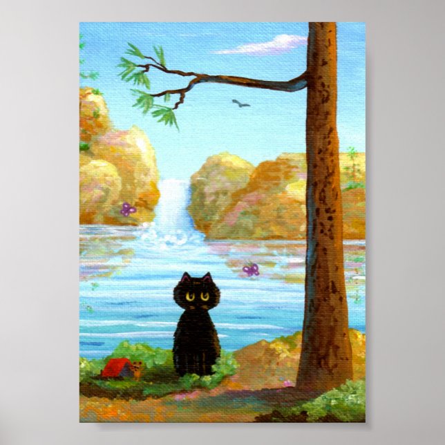 Engraçado Black Cat Poster Impressão Waterfall Lak (Frente)