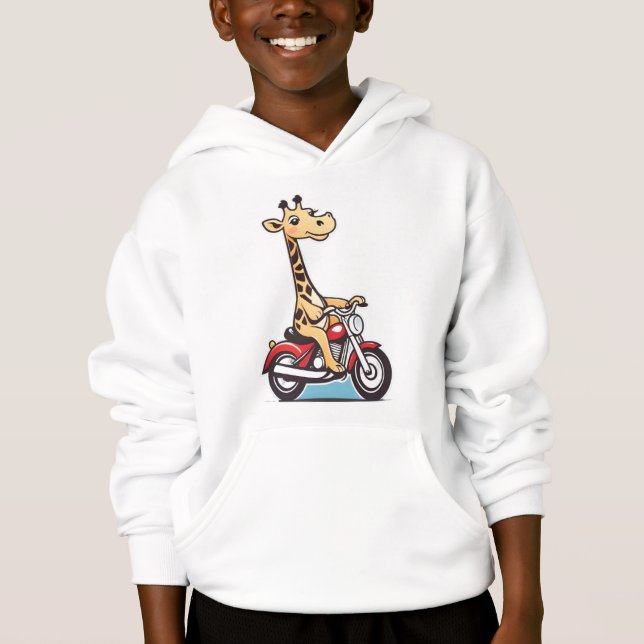 Engraçado Cartoon Giraffe Dirigindo Uma Moto, (Frente)