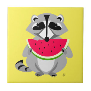 Engraçado Cartoon Raccoon Comendo Melancia