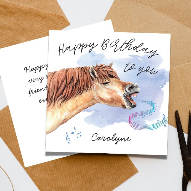 Engraçado Horse Cantando Feliz Cartão de Aniversár (Funny Horse singing Happy Birthday, Card with Name)