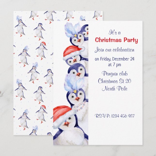 Engraçado Pinguins de Natal Convite para Aquarelas (Frente/Verso)