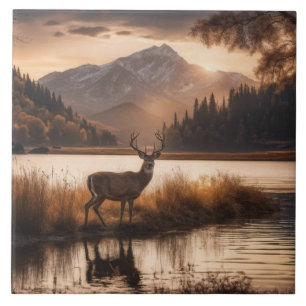 Enorme Deer em Corrida no Lago Montanha