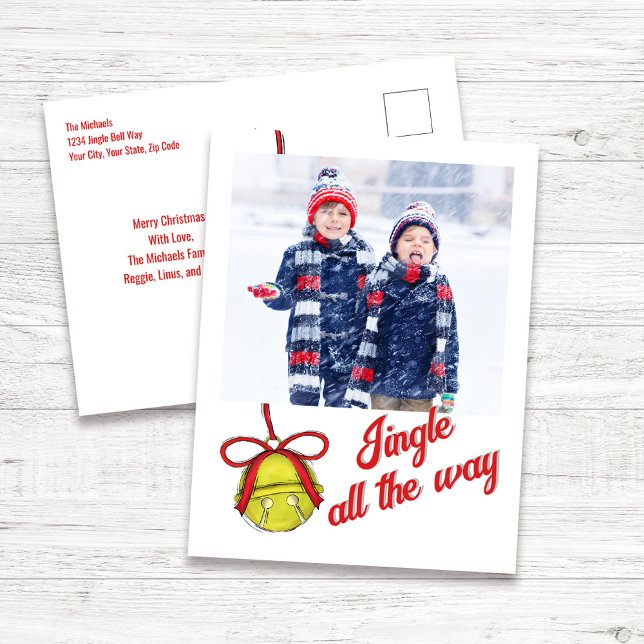 Entalhe Cartões de foto de Natal bonito todo o cam (Jingle all the way cute photo Christmas card postcard template. )