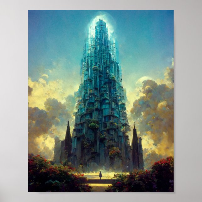 Entrando na Torre Fantasy Sci-Fi Art Poster (Frente)