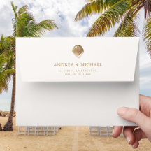 Envelope de Casamento Costeiro de Seashell Dourado