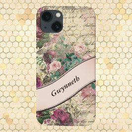 Ephemera Floral Vintage com Monograma de Fita Rosa