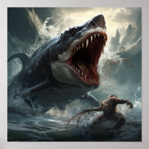 Epic Megalodon vs T-Rex Poster - Uma Batalha de Pr