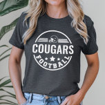Equipe de futebol personalizada com Cinza do númer<br><div class="desc">T-Shirt de futebol da Frente e Traseira Personalizada em cinzas escuras. Design apresenta um logotipo na moda redondo com capacete de futebol,  estrelas e listras. Personalize com o nome do seu jogador de futebol,  número de camisa e sobrenome. Inclui um sotaque de futebol nas costas.</div>