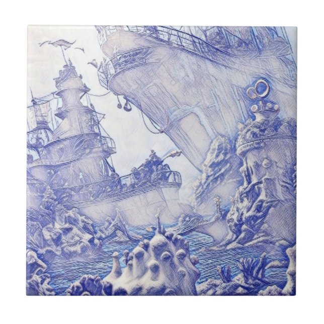 Era Vitoriana Fantasy Sea Azulejos Azul e Branco 5 (Frente)