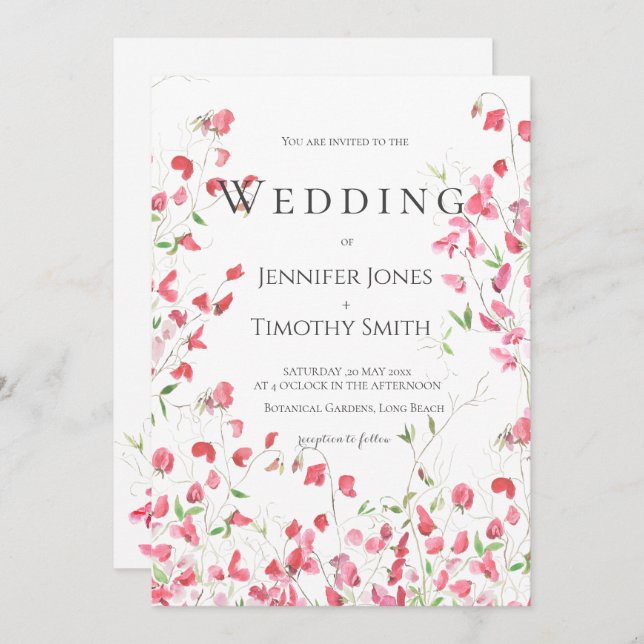 ervilhas cor-de-rosa doce aquarela convite para ca (Frente/Verso)