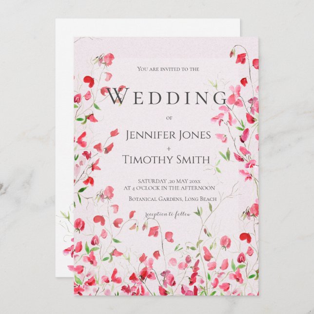 ervilhas doces cor-de-rosa aquarela 2 convite para (Frente/Verso)